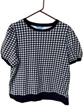 Draper James Navy White Natalie Gingham Puff Short Sleeve Sweatshirt Size 1X